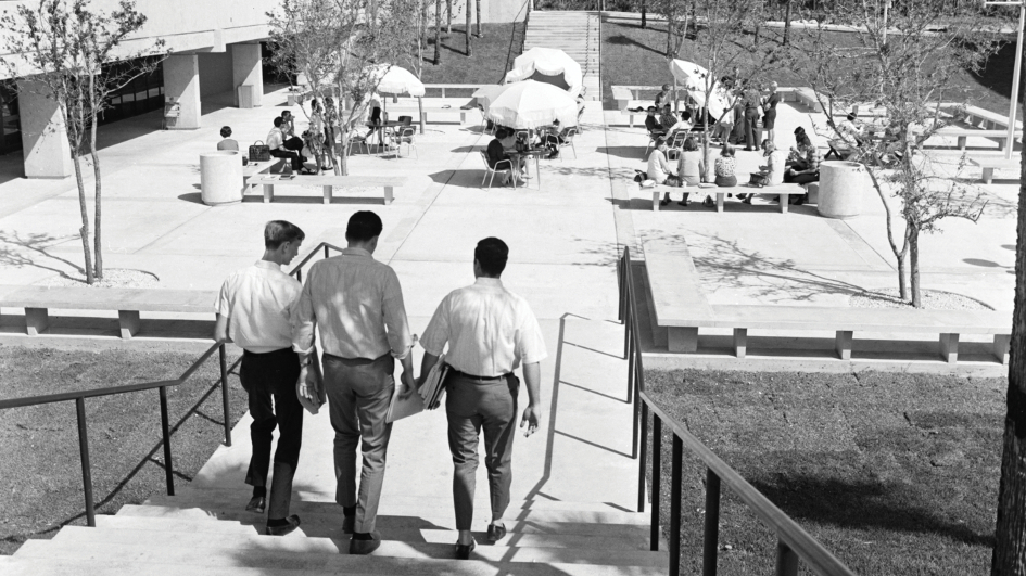 Students walking down the stairs in newly constructed Kendall campus