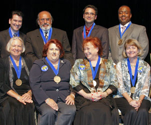 The 2008 Endowed Teaching Chair honorees: (standing, from left) Dr. Luis Beltrán, Alberto Meza, Dr. Alvio Domínguez, Kenneth Lee (seated, from left) Dr. Sandra Schultz, María Mari, Dr. Irene Lipof, Dr. Cynthia Schuemann 