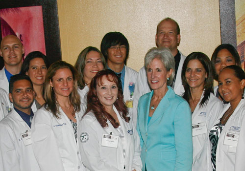 U.S. Secretary of Health and Human Services Kathleen Sebelius and students