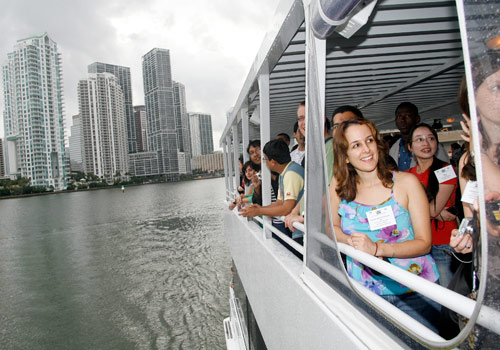 Haydée María Domínguez Tejo from the Dominican Republic enjoys a boat tour of Biscayne Bay with other Fulbright students.