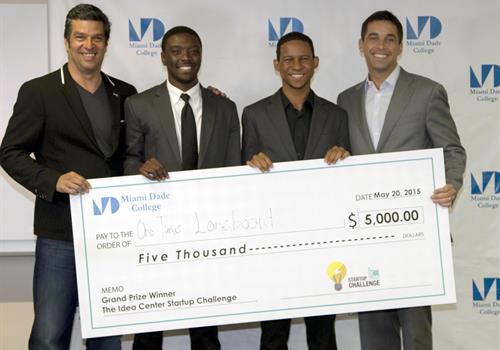 From left; Idea Center Executive Director Leandro Finol; MDC students Socrate Elie and Felix Puello; Knight Foundation Program Director Matt Haggman.