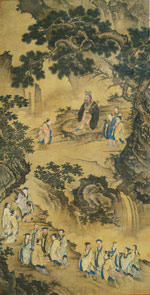 Ancient Ming dysnasty painting of Confucius with his pupils in a serene landscape.