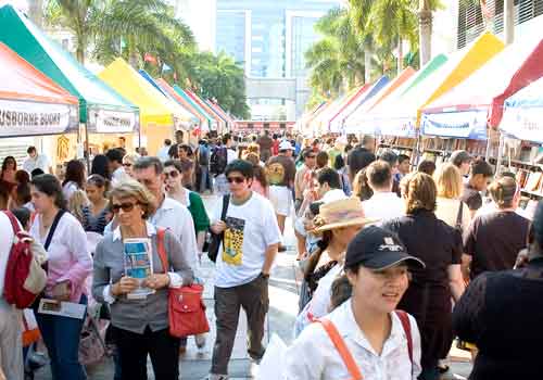 Crowds attending Miami Book Fair International's street fair