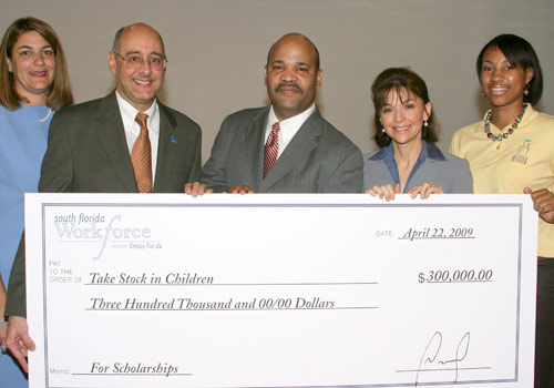 MDC Dean of Students Madeline Pumariega, Wolfson Campus President Dr. Rolando Montoya, South Florida Workforce Executive Director Rick Beasley, MDC Board of Trustees Chair Helen Aguirre Ferre, and Carin West from Take Stock In Children