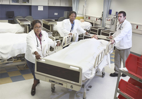 Nursing students in the simulated hospital wing at Medical Center Campus