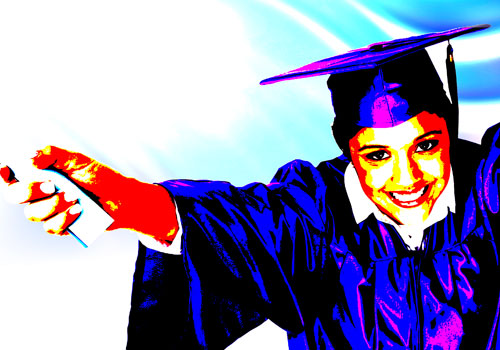 Illustration of a female graduate in cap and gown