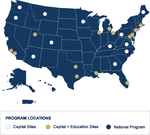US map representing a national program with fourteen capital + education sites, and twelve capital sites