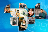 Abstract blue background with square cropped images of people.