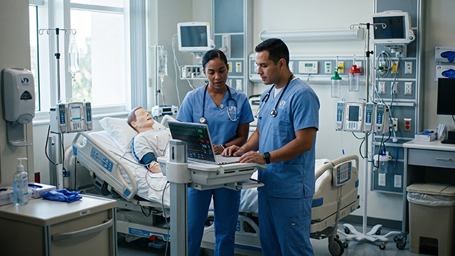 Nursing students working with a patient in a clinical lab