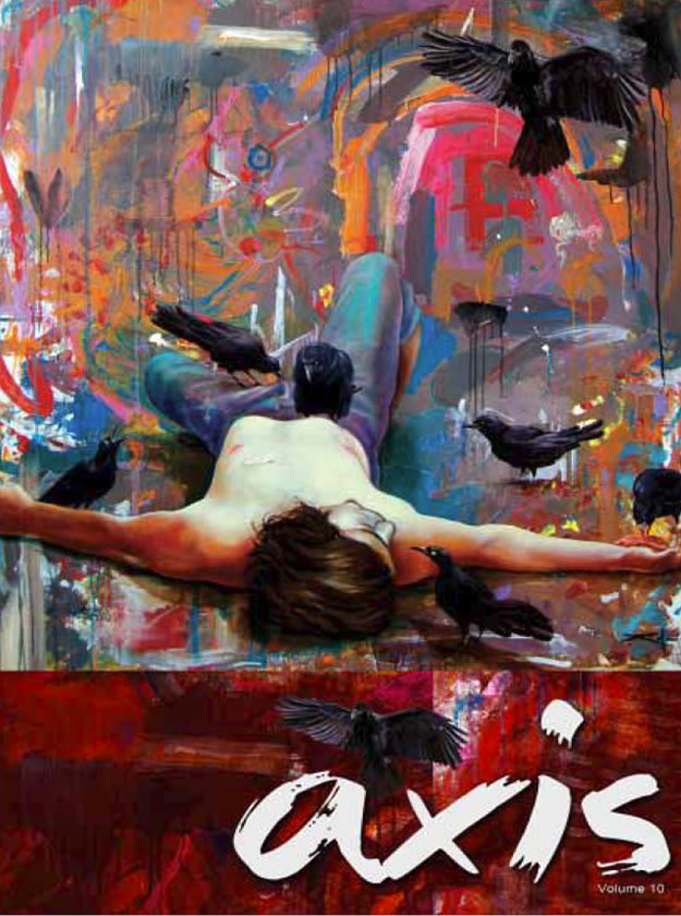 Abstract magazine cover showing a man in jeans laying down while birds flock to him