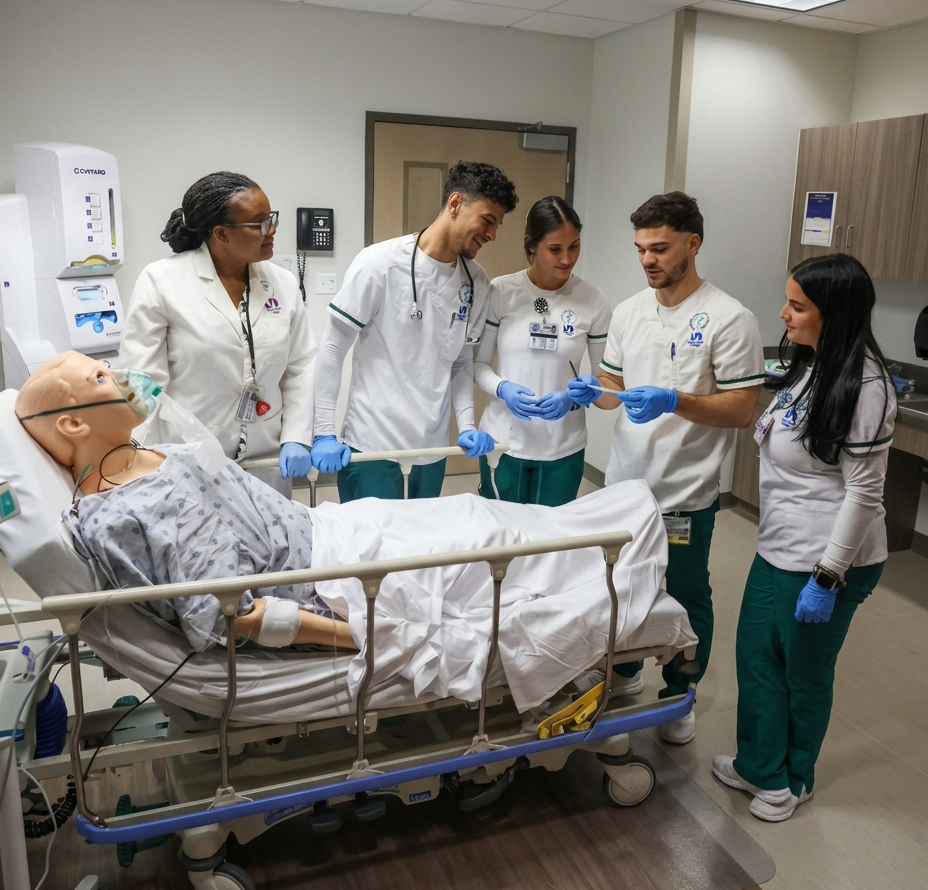 Students and instructor collaborating around a medical simulator