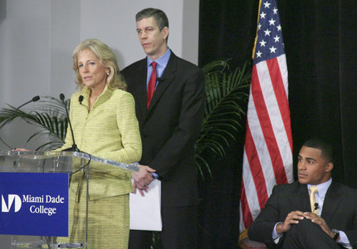 Dr. Jill Biden, U.S. Education Secretary Arne Duncan and student Brandon Janvion
