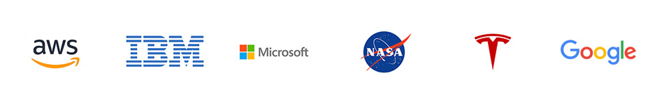 Partnerships logos: AWS, IBM, Microsoft, NASA, Tesla, Google