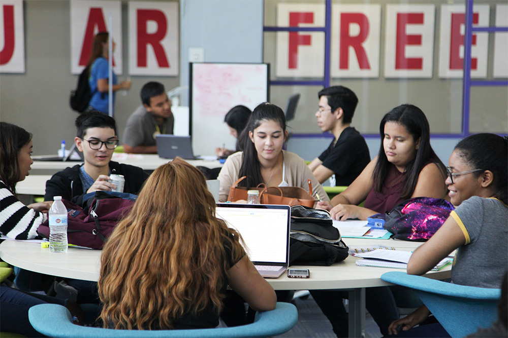 Students working at the computer courtyard