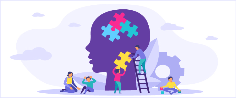 An illustration of a silhouette of a person's head with colored puzzle pieces inside. 