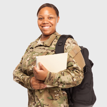 Veteran student carrying backup and folder.