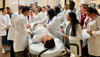 Professor demonstrating procedures using human patient simulator