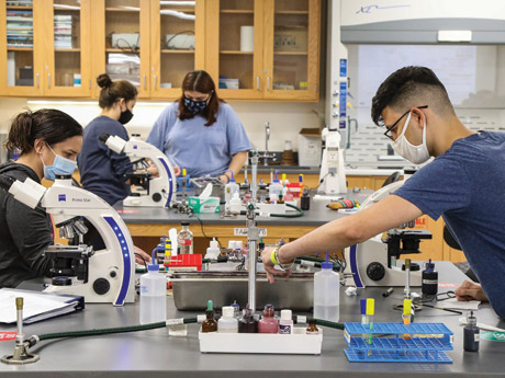 Two students wearing masks working in the chemistry lab