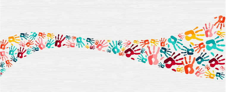 Abstract wave on a white background consisting of ink blot shapped hands of different colors