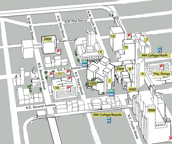 Birds eye view of the Wolfson Campus that identifies the different parking, building name and Metro Mover stations areas.